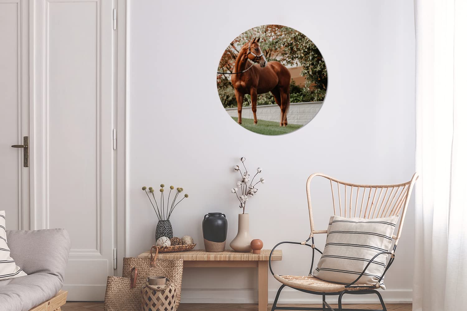 MuchoWow Wandbild Rund Wanddeko Deko Wohnzimmer Bilder 60x60 cm Pferd - Baum - Halfter