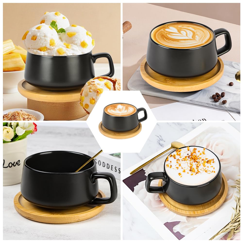 Lot de 4 Tasses à Cappuccino avec soucoupe,320ml Ensemble Tasses à Expresso en Grès,set de tasses et soucoupes,tasses à café avec disque en bois pour café, cappuccino,thé(Noir mat)