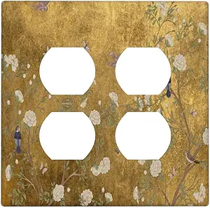 Decorative Outlet Covers Vintage White Flowers Birds on Golden Background 2 Gang Outlet Cover Wall Plate Double Duplex Light Switch Cover Plate Switch Plate Covers for Home Decor