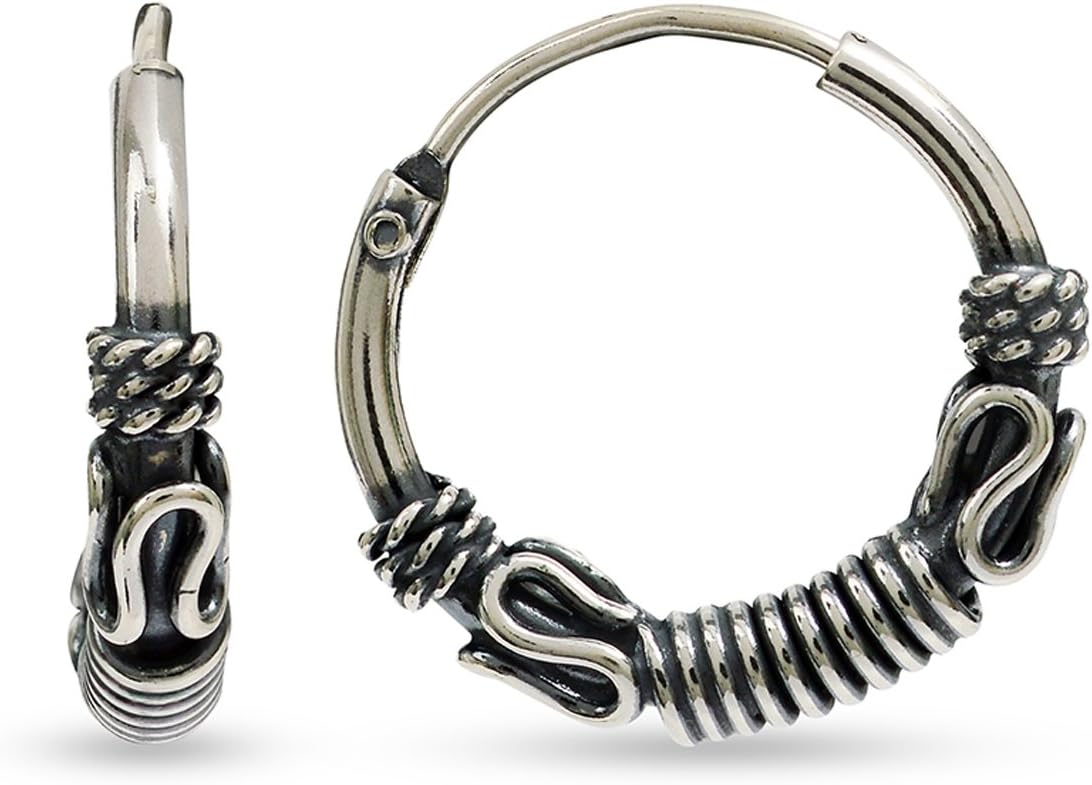LeCalla 925 Sterling Silver Endless Bali Hoop Earrings For Women | Balinese Tribal Ball Bead Small Two-Tone Endless SET Bali Hoop Earrings | Twist Piercing Cartilage Nose Lips Teen Women Men