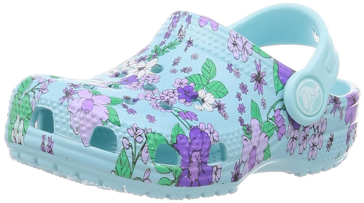 Crocs Kid's Crocs Kid's Classic Floral Clog|Water Shoe for Toddlers|Slip On Girls' Sandal Shoe, Ice Blue, C10 M US Toddler