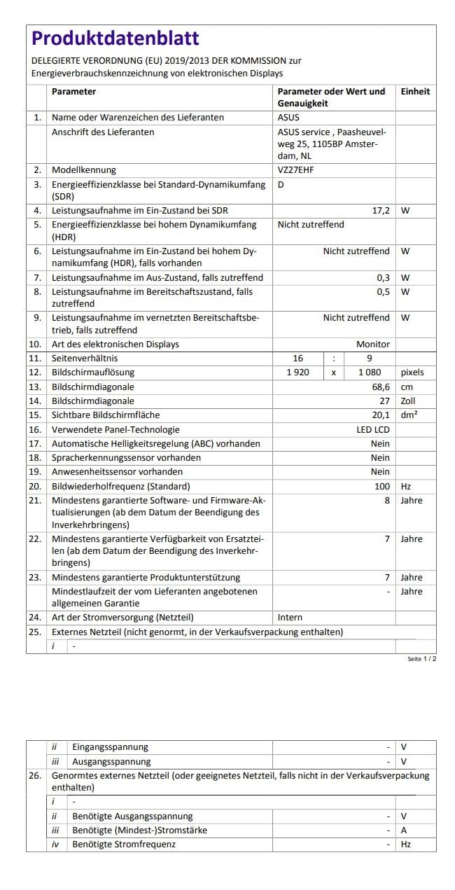ASUS VA24EQSB 24 Zoll Monitor - Full HD, IPS, 75Hz, Eye Care, Blaulichtfilter, Ergonomisch