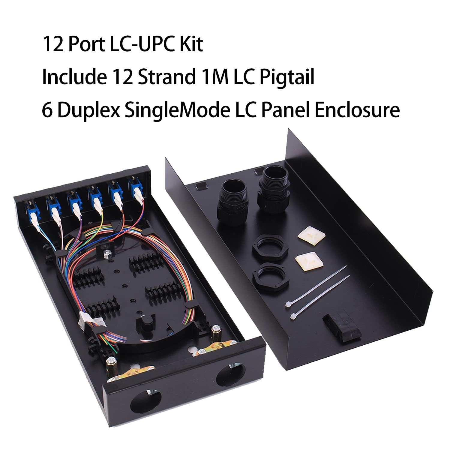 LGX Panel Wall Mount Fiber Enclosure LC-UPC Kit zawiera 6 złączek Duplex LC SM w kartonie z 12 pasmami SingleMode 9/125 szpuli 1M LC Fiber Pigtail do optycznego łączenia fuzyjnego