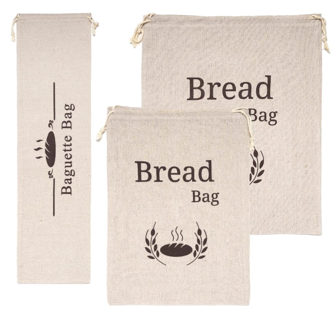 Bread Bag 3 Pack | Baguette, Large & Medium Linen Material | 44x35cm, 38x28cm, 67x20cm | Reusable Drawstring | Natural Unbleached Colour