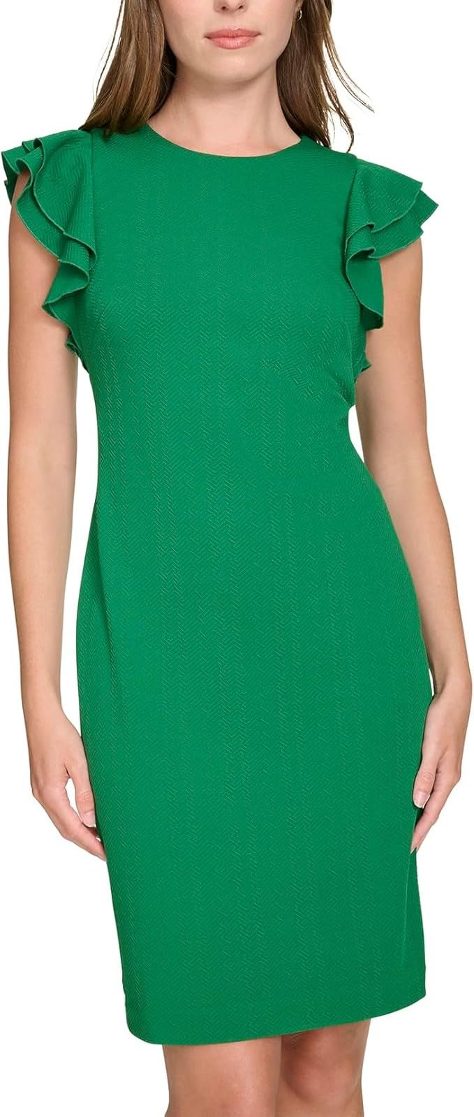 Tommy Hilfiger Women's Sleeveless Ruffle Hem Jewel Neck Crepe Sheath Mini Dress