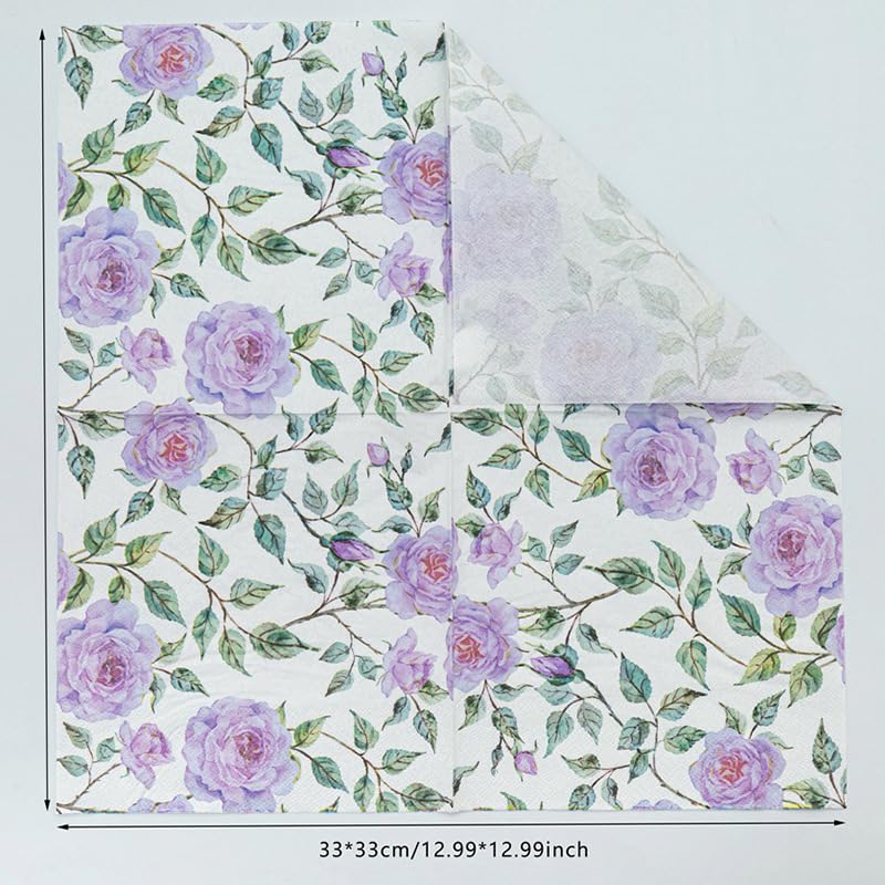 Tovaglioli di Carta Viola Fiore Verde Tovaglioli Decorati Per Decoupage Bar Compleanno Carta Igienica Tovagliolo Decorazione Da Tavola Usa e getta Per Matrimoni Feste 30 Packs(33x33cm)