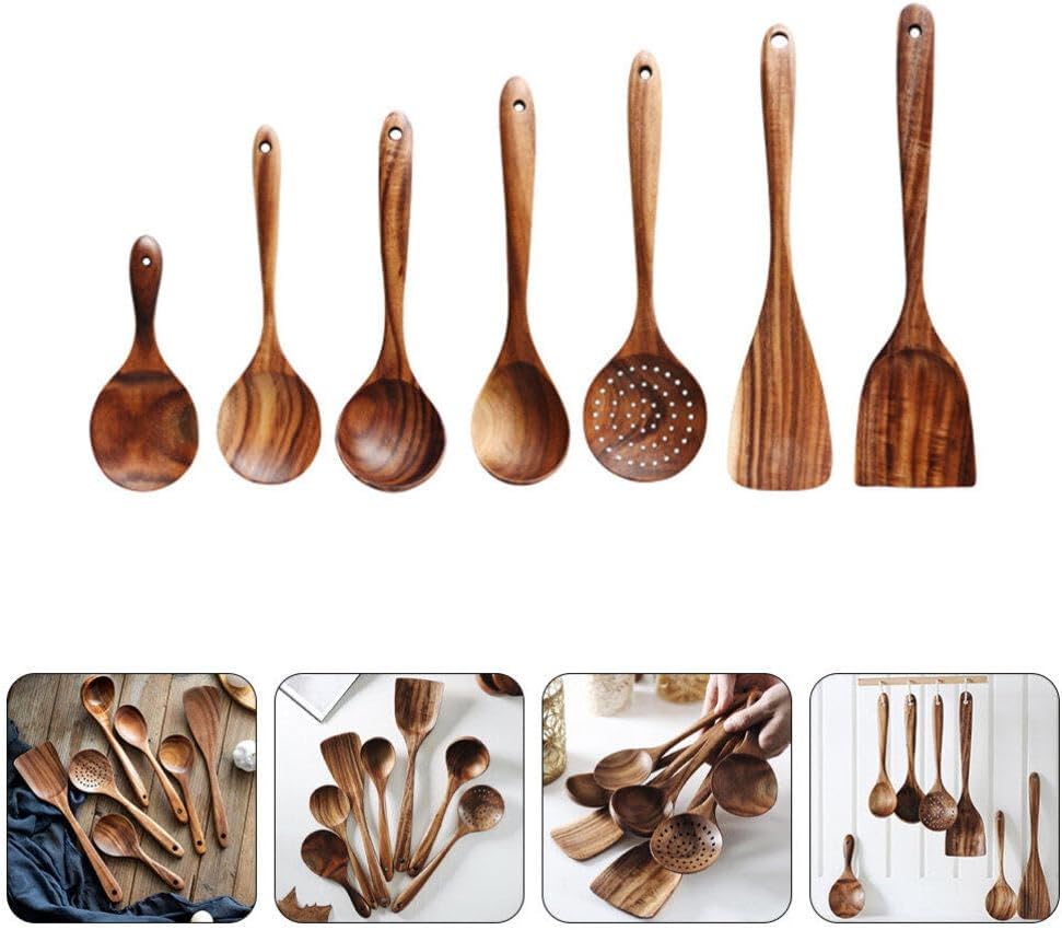 7pc Kitchen Wooden Utensils Set Cooking Spoon Salad Fork Jar Spoon Salt Scoops Easy to Grip Reusable Non Stick