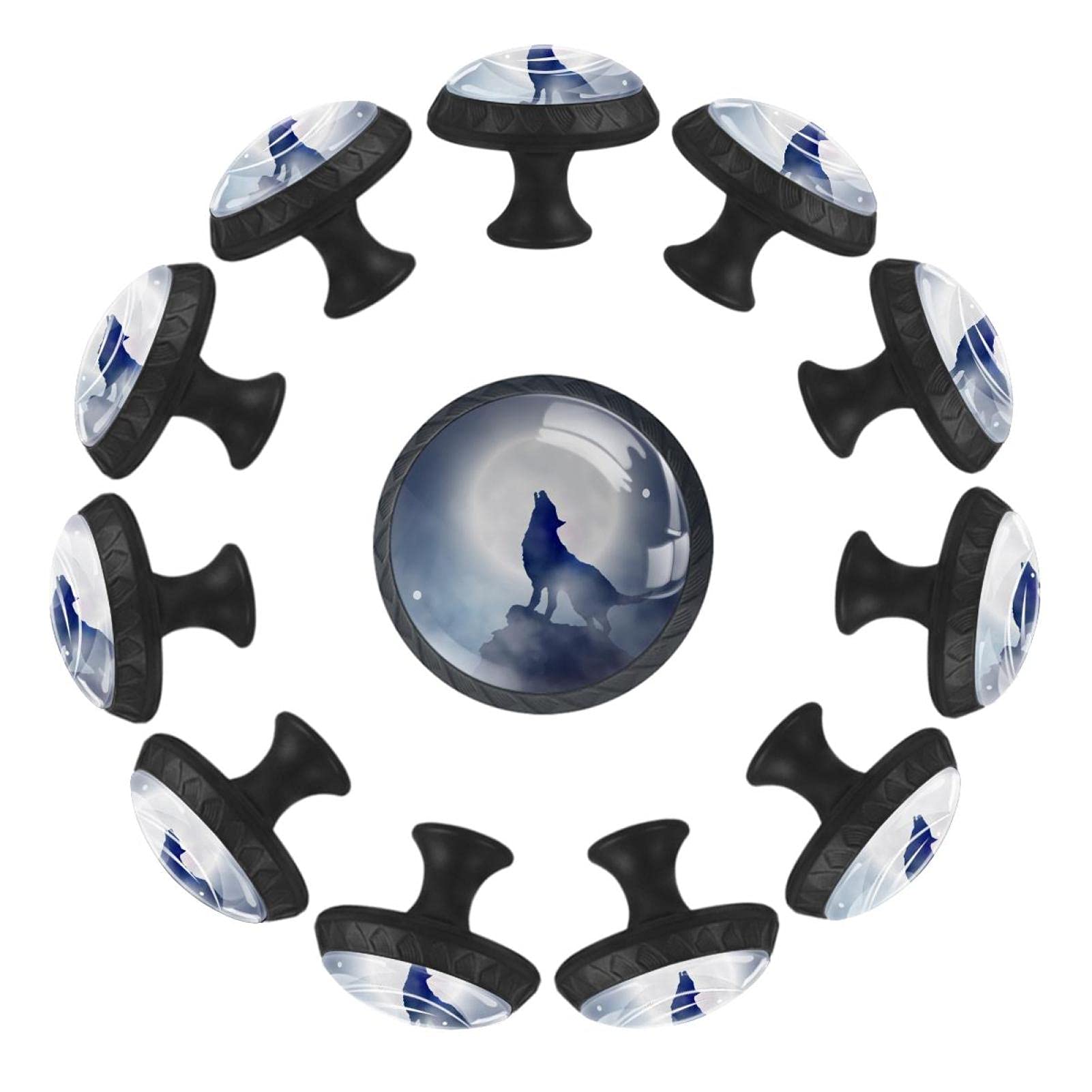 Boutons de tiroir loup hurlant ronds 35 mm au design mystique de nuit (x12)