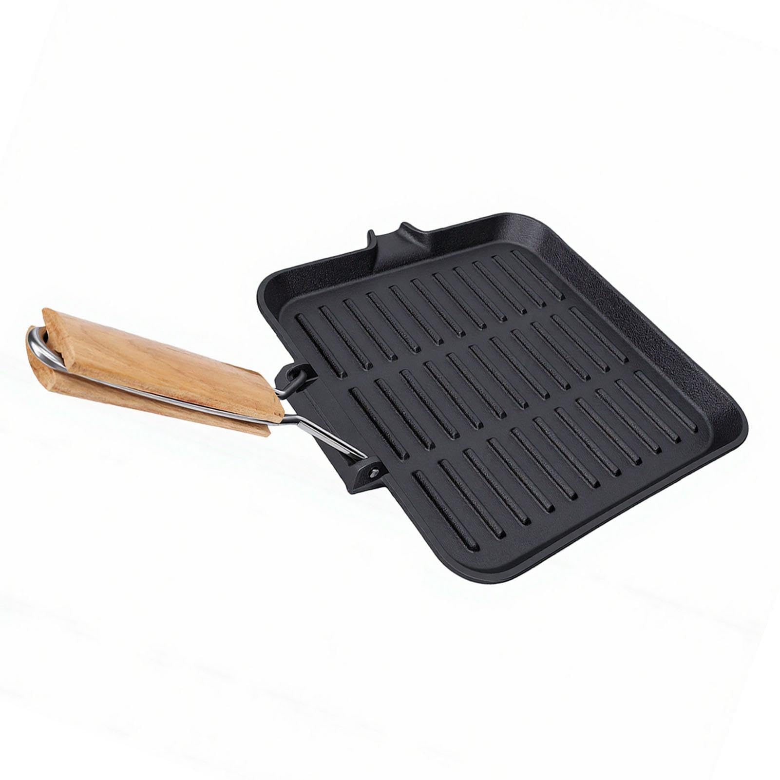 Brrnoo Bistecchiera Quadrata Padella per Griglia in Ghisa Manico Pieghevole Rivestimento Smaltato Base Liscia Manico in Legno di Faggio Resistente Al Calore per Bistecche di Verdure