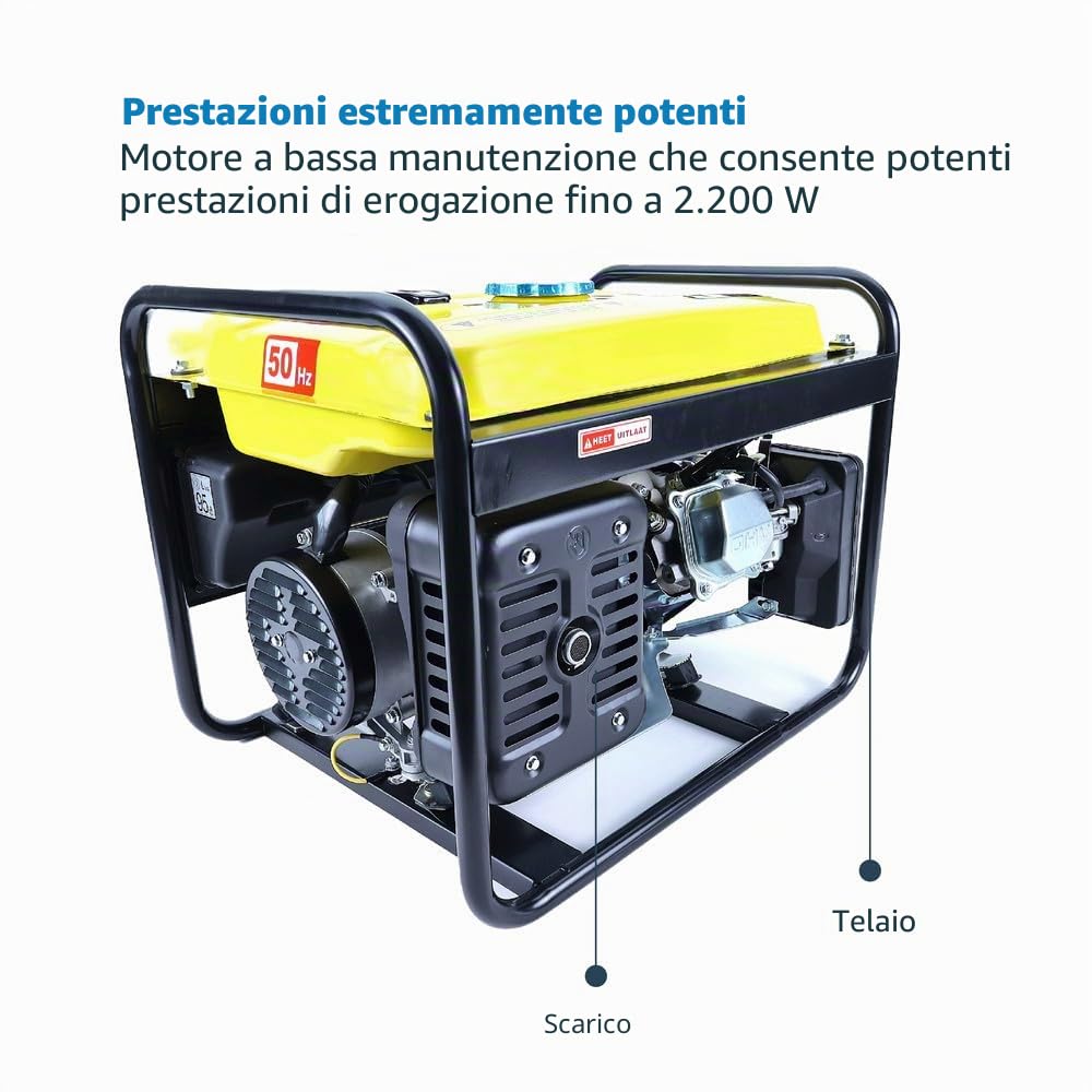 Generatore di corrente, 2000 W, carico massimo 2200 W, motore a 4 tempi, 7 CV, silenzioso, a benzina, inverter di corrente di emergenza, 2 prese Schuko