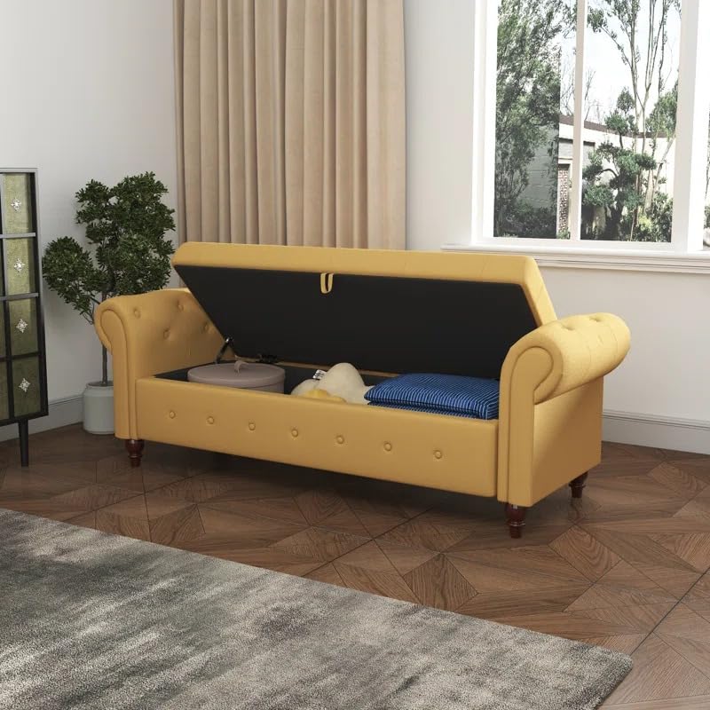Image of LEGACY OF COMFORT F4 Velvet Upholstered Storage Bench Sofa Bench Sofa couches Rolled Arm Window Bench Ottoman Bench 2 Seater Sofa Chaise Lounger or Living Room Bedroom Office (Yellow Velvet)