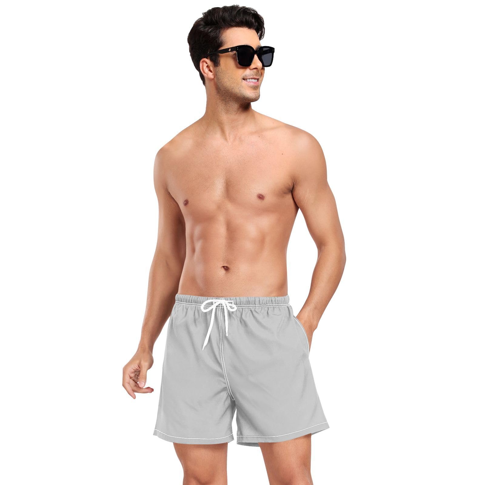 Silver Neutral Solid Color Pure PlainMen's Swim Trunks Men 2 in 1 Workout Running Shorts with Compression Liner and Pockets Sport Shorts Quick Dry