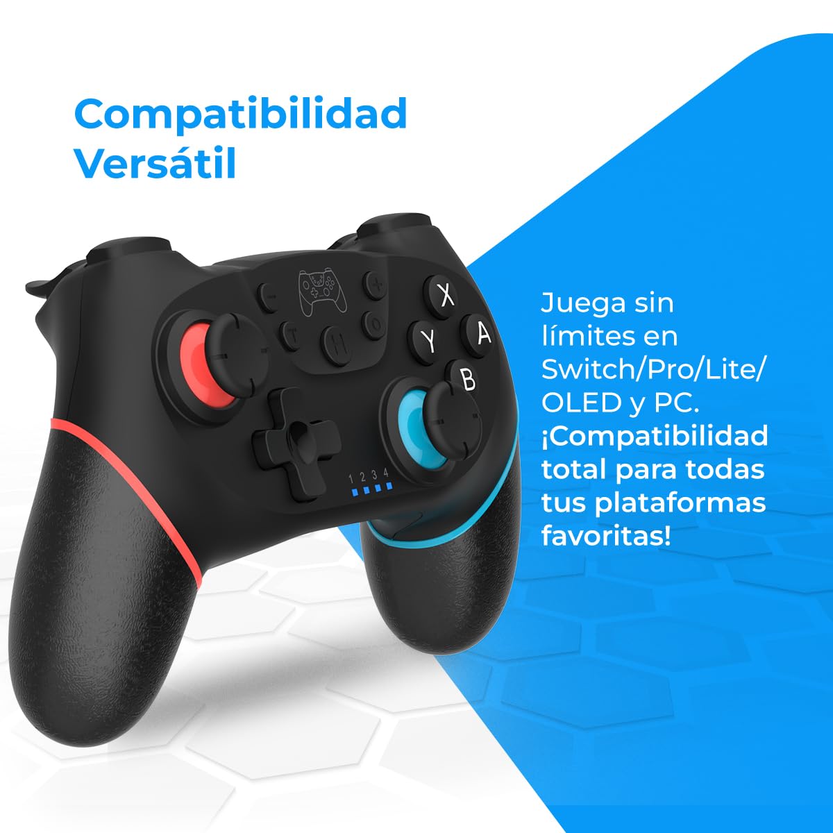 NK Mando Switch Inalámbrico - Switch/OLED/Lite/Pro con Función Wake, Ajustes Macro,Bluetooth, 6 ejes, Función Turbo, Dual Shock Doble Vibración, LED Indicadores - Color Negro (Rojo y Azul) - 5