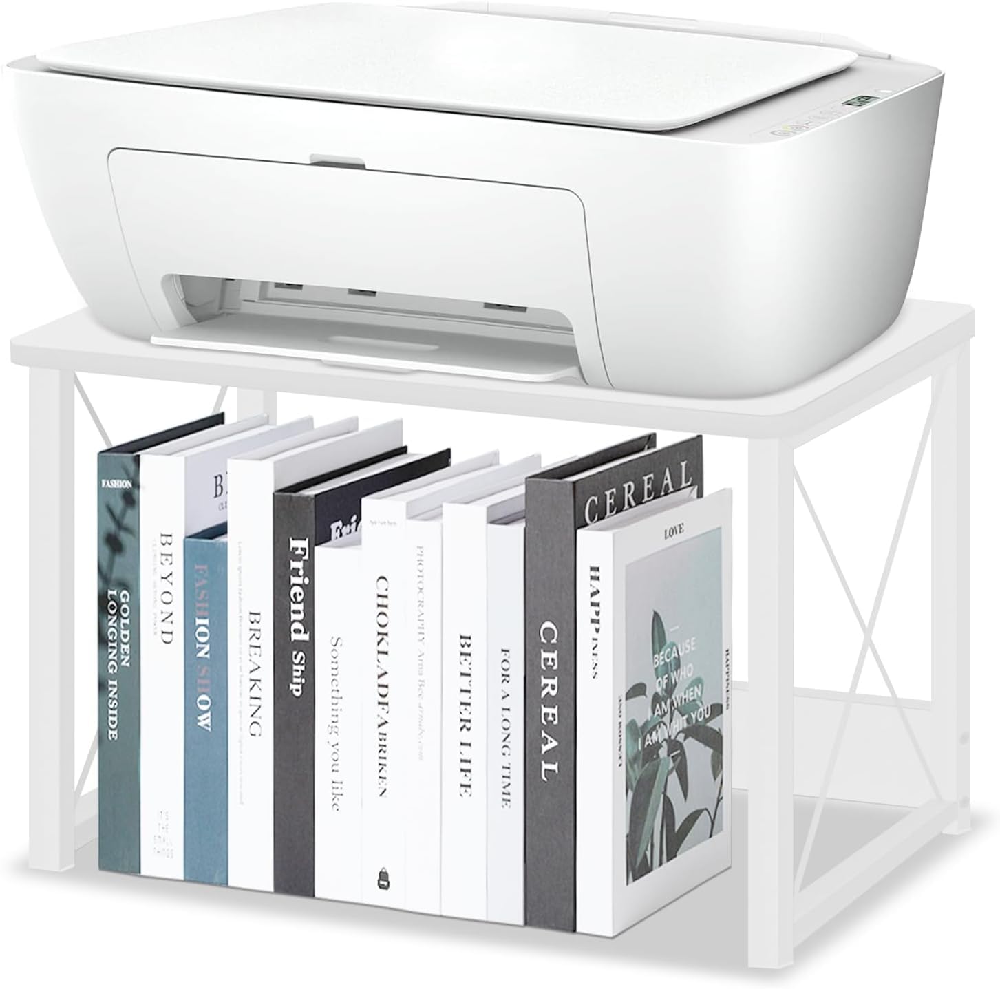 58464 Desktop Printer Stand with Storage, Printer Stand Shelf Desk Organzier for Home/Office, Modern Wood Printer Riser Under Desk Small Table for Printer Fax Machine Copier Scanner (White)