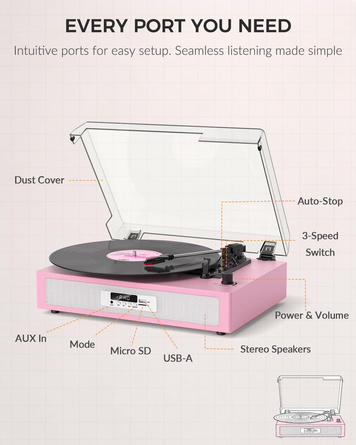 Giradischi in vinile con doppio altoparlante stereo integrato, giradischi vintage a 3 velocità, giradischi Bluetooth con modalità audio EQ, registrazione e riproduzione USB/TF, display LED