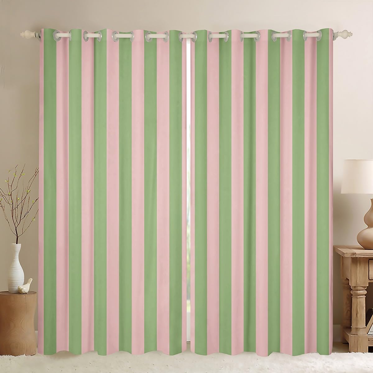 Homemissing Kids Pink Green Curtain (2 Panels, W46*L72) Abstract 30%-50% Blackout Shades for Boys Girls Teens Bedroom Decor Stripes Window Drapes Breathable Soft Microfiber Women Men Geometric — image 1