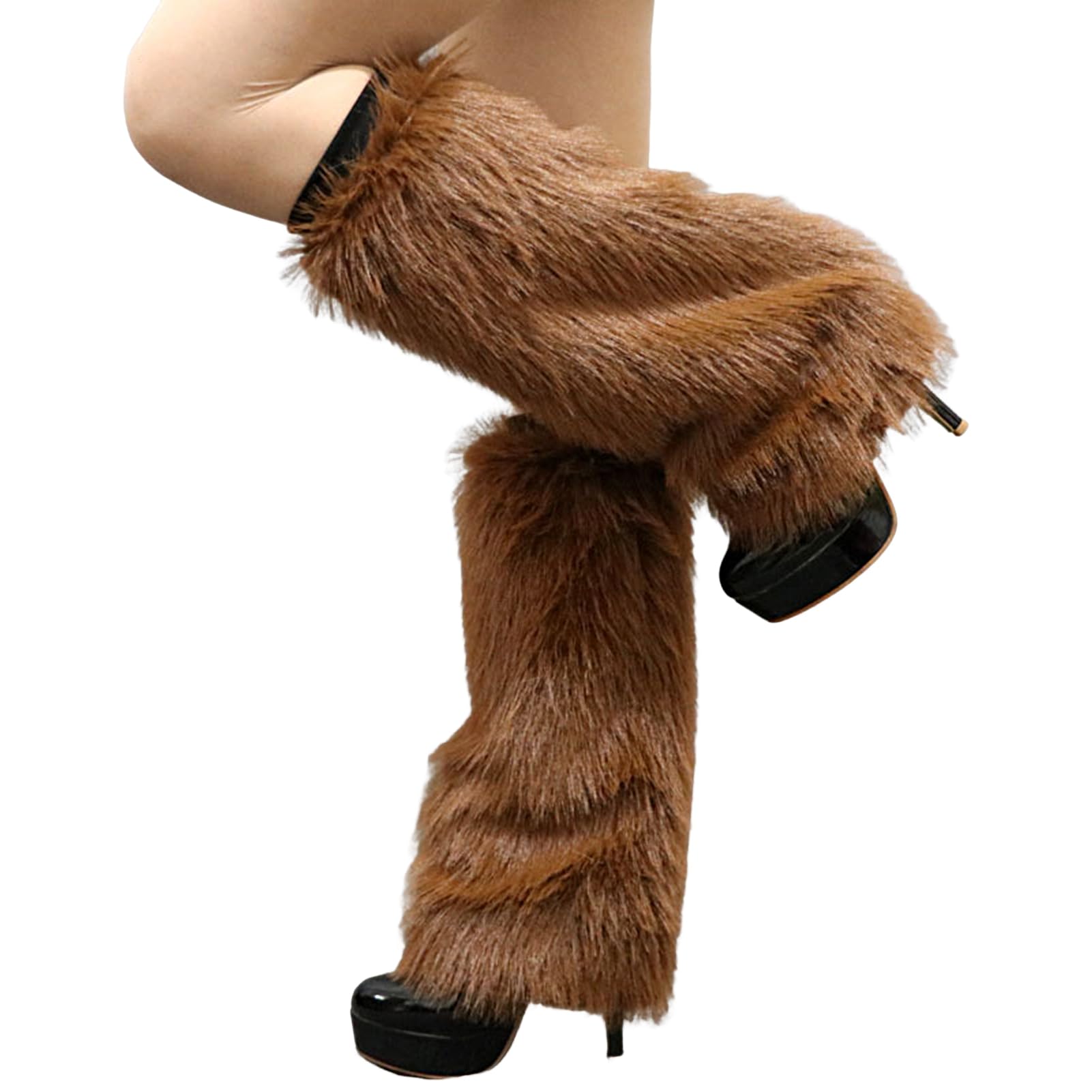 Ulafbwur Unisex Brown Boot Stockings 1 Pair Plush Elastic Solid Color Thick Leg Warmers Autumn Winter Women Warm Faux Fur Boot, 25Cm