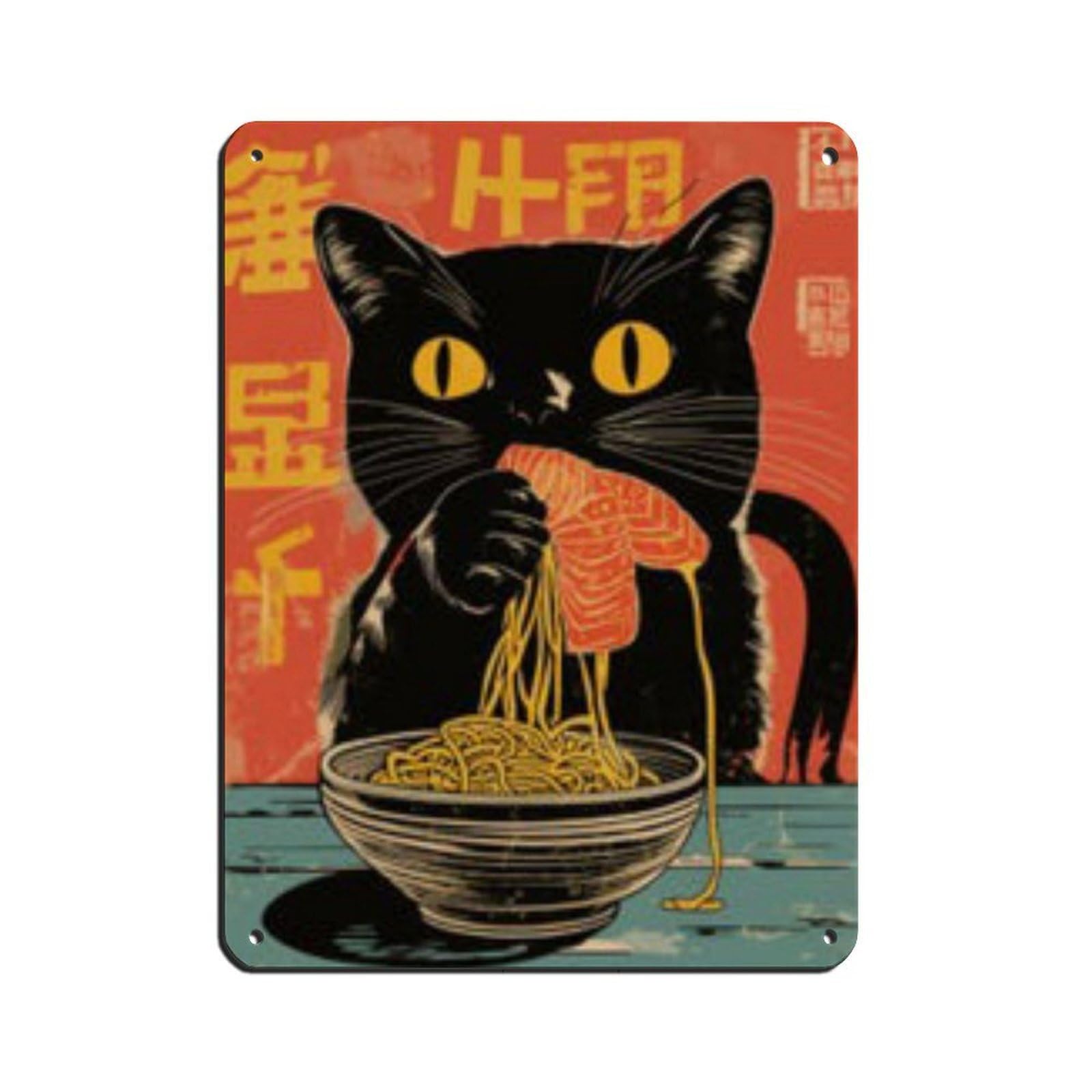 Lxwnze 30L X 40W Cm Eigenzinnige Zwarte Kat Die Ramen Eet Poster Tin Sign Vintage Metal Pub Club Cafe Bar Home Wall Art Decoration Poster Retro 12X16inch(30X40cm)