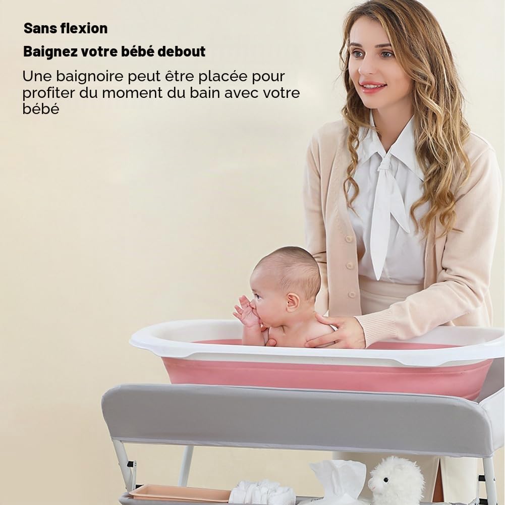 Table à Langer Pliable 2-en-1 - Structure Acier Renforcé 25 kg - Panier de Rangement Latéral Ergonomique 0-12 Mois (Gris)