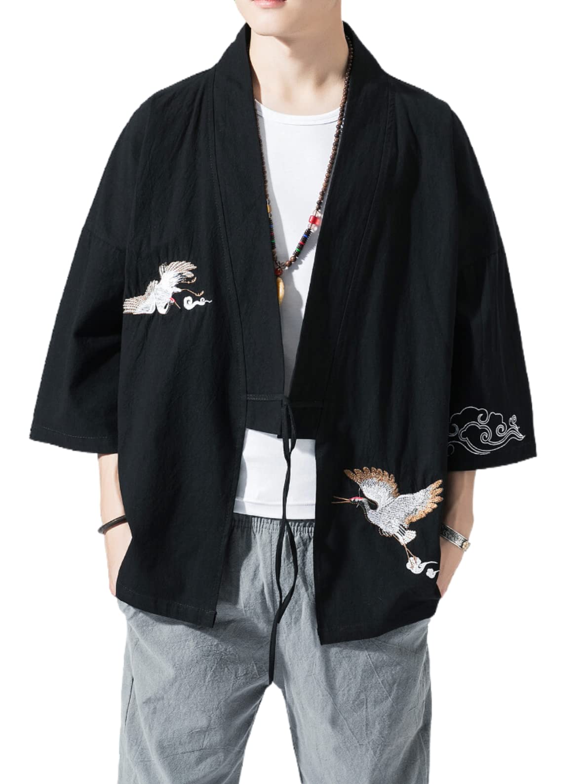 Men's Japanese Kimono Cardigan Loose Cotton Linen 3/4 Sleeve Open Front Casual Summer Shirt Jackets