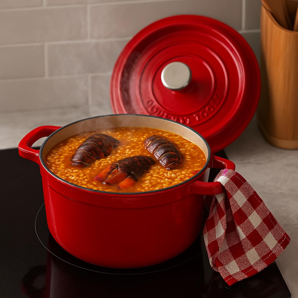 XSQUO OGT-2R22R, Useful Tech Pentola in ferro pressofuso rotonda con rivestimento ceramico vetrificato Cocotte con coperchio, Gourmet Tools (Rosso, 22 cm)