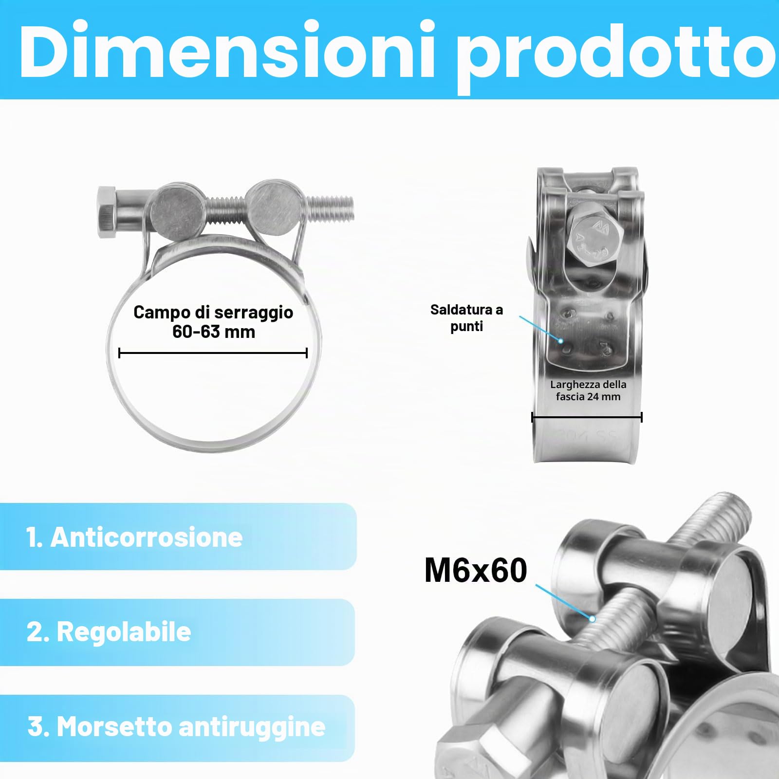 4 pezzi di morsetto giunto in acciaio inossidabile 304, area di bloccaggio 60-63 mm morsetti per tubo regolabile, morsetto per tubi, morsetti di gelatina di morsetto, morsetti per bulloni giunti di sc