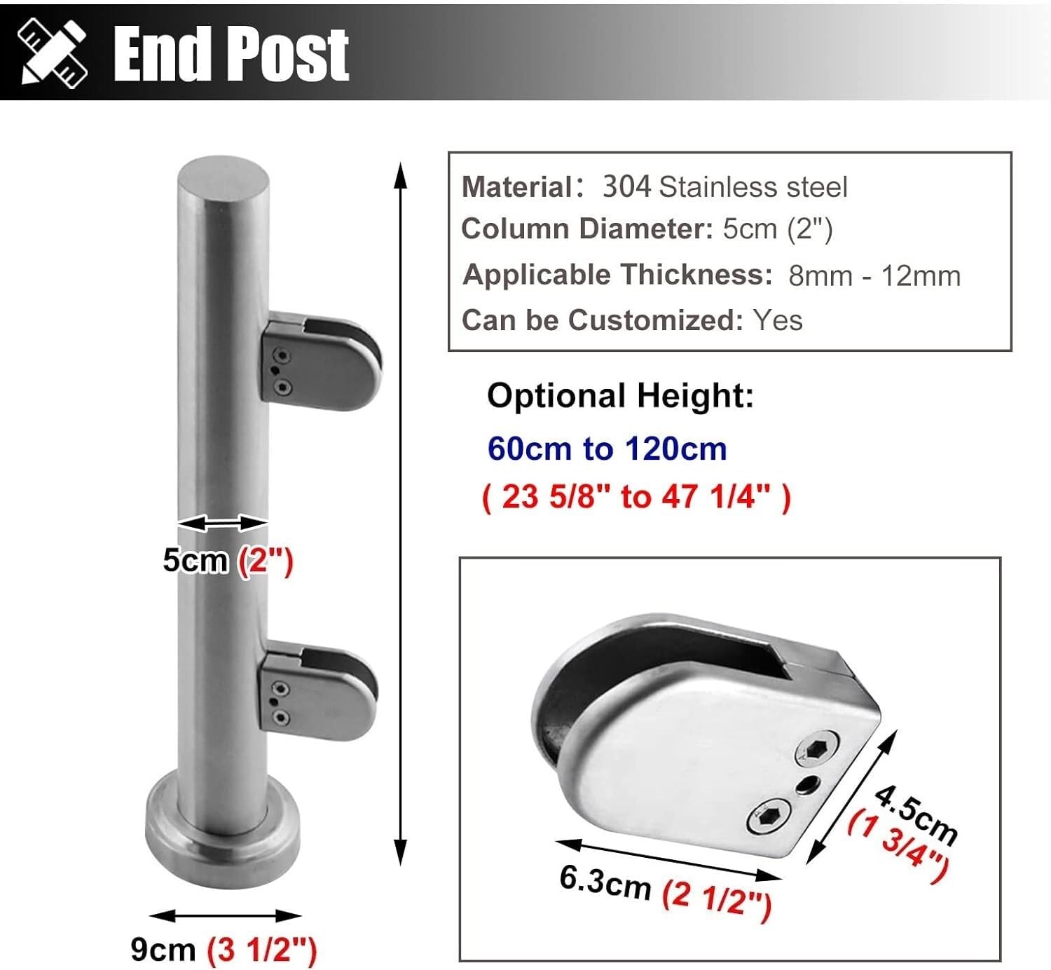 ZCX Paletto per Ringhiera Montanti for balaustre in vetro Scale Morsetti for pannelli in vetro rotondi for ringhiere in vetro for piattaforma/gradino Acciaio Inossidabile(Silver-end Post,85cm/33.5")