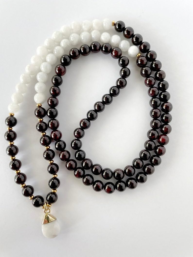 Naturalny granat i kamień księżycowy 6 mm 108 koralików mala, duchowe, koraliki do medytacji, Reiki, Japa Mala, buddyjskie koraliki modlitewne, bransoletka do jogi, koraliki lecznicze