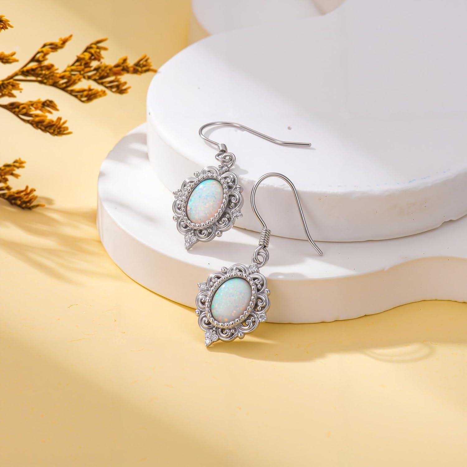 Vintage Opal Dangle Earrings for Women 925 Sterling Silver Genuine Opal Dangle Drop Earrings with Diamond October Birthstone Jewelry Gift for Mother Wife - Image 3