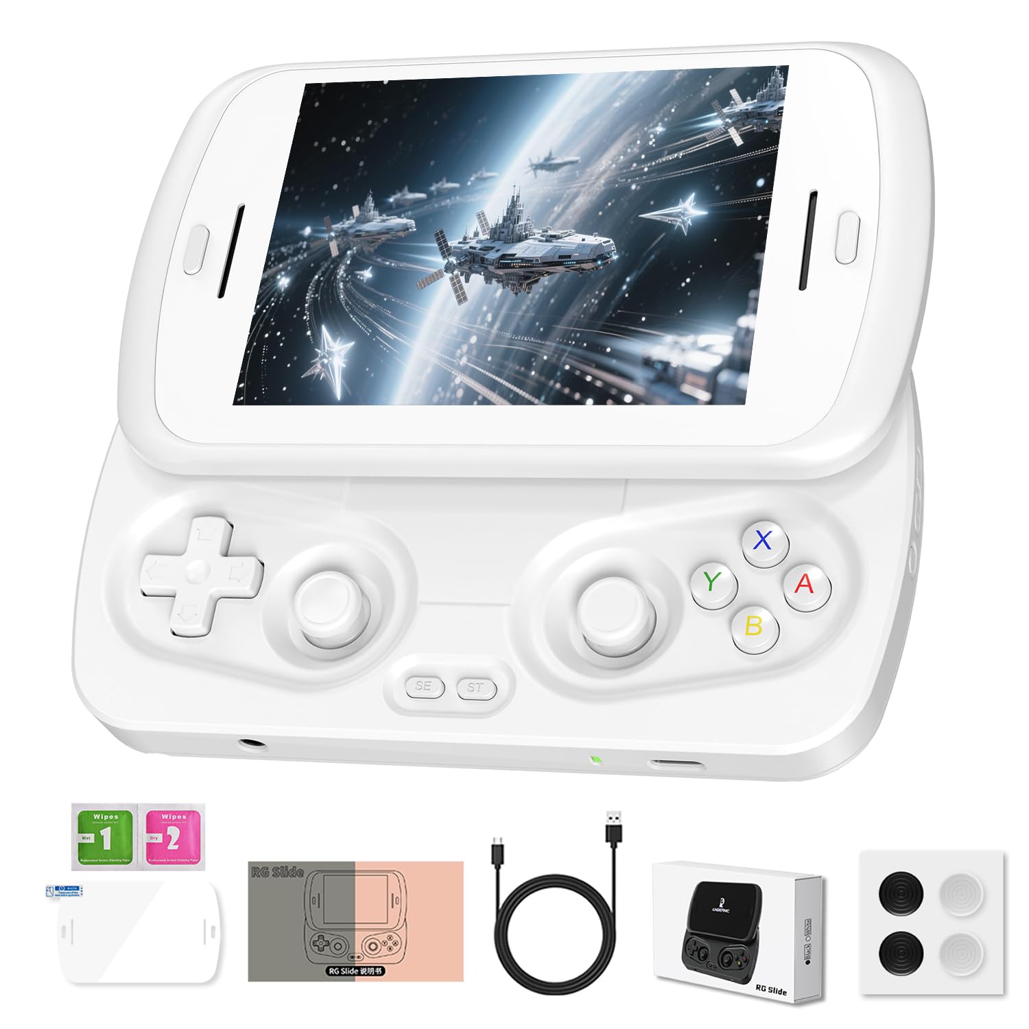 RG Slide Handheld Game Console RG Slide 4.7-inch LTPS in-Cell Screen No Card Retro Game Console Unisoc T820 Portable Arcade Video Gaming Console Support AI WiFi Bluetooth HD and TV Output White RG Slide-White