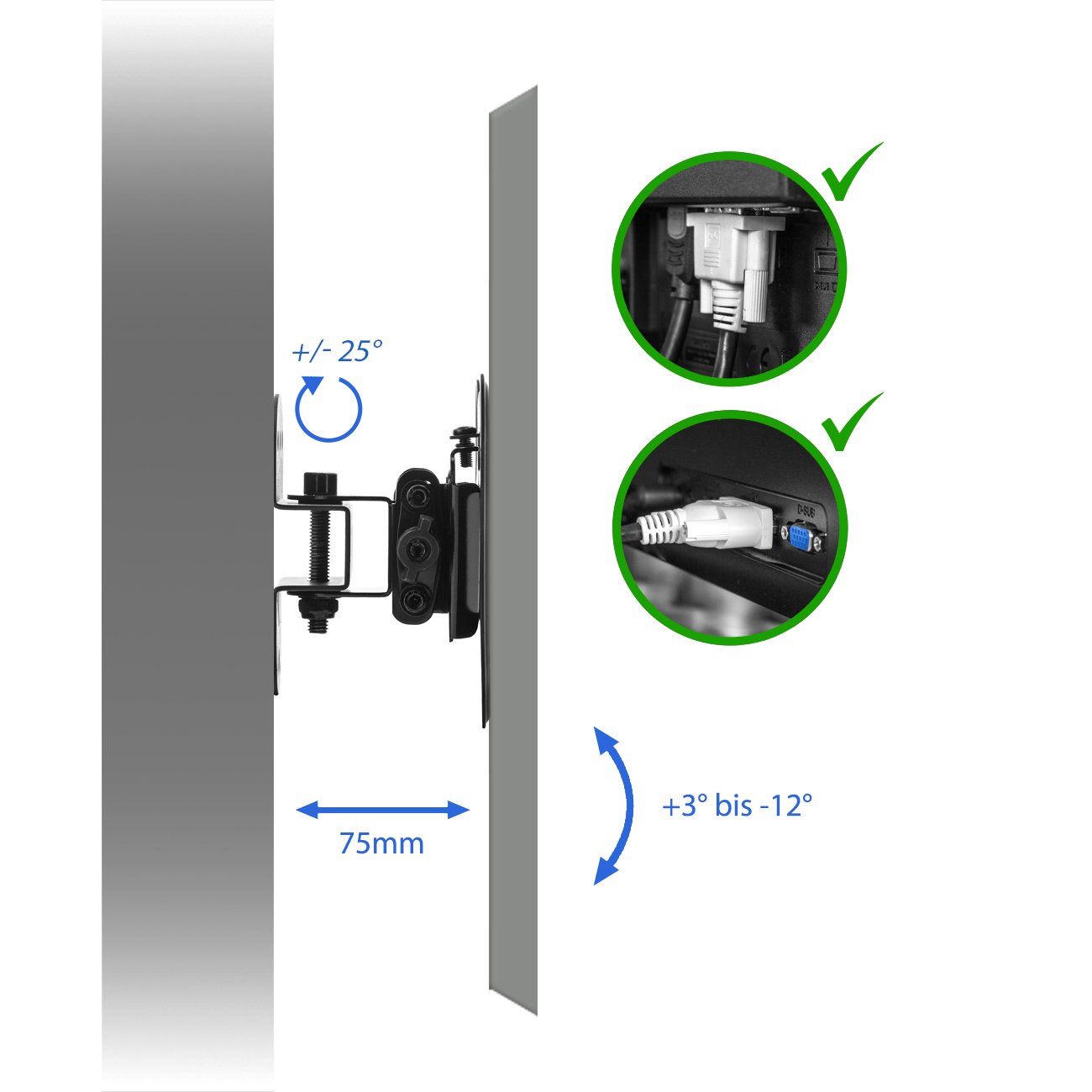 deleyCON Universal Supporto a Muro per TV & Monitor - 13" - 27" Pollici (33cm - 69cm) - Fino a 20Kg & VESA 100x100mm - Inclinabile + Orientabile - Distanza dal Muro Solo 75mm