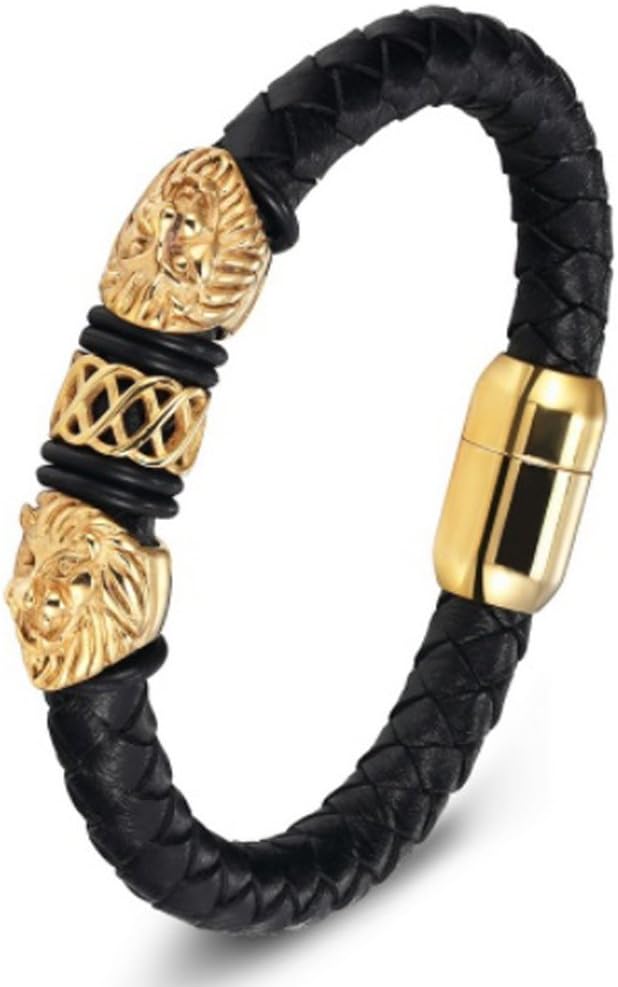 IzuBizu London Mens Unisex Stainless Steel Lion Head Bangle Genuine Leather Leo Horoscope Bracelet Fashion Easter Birthday Accessory