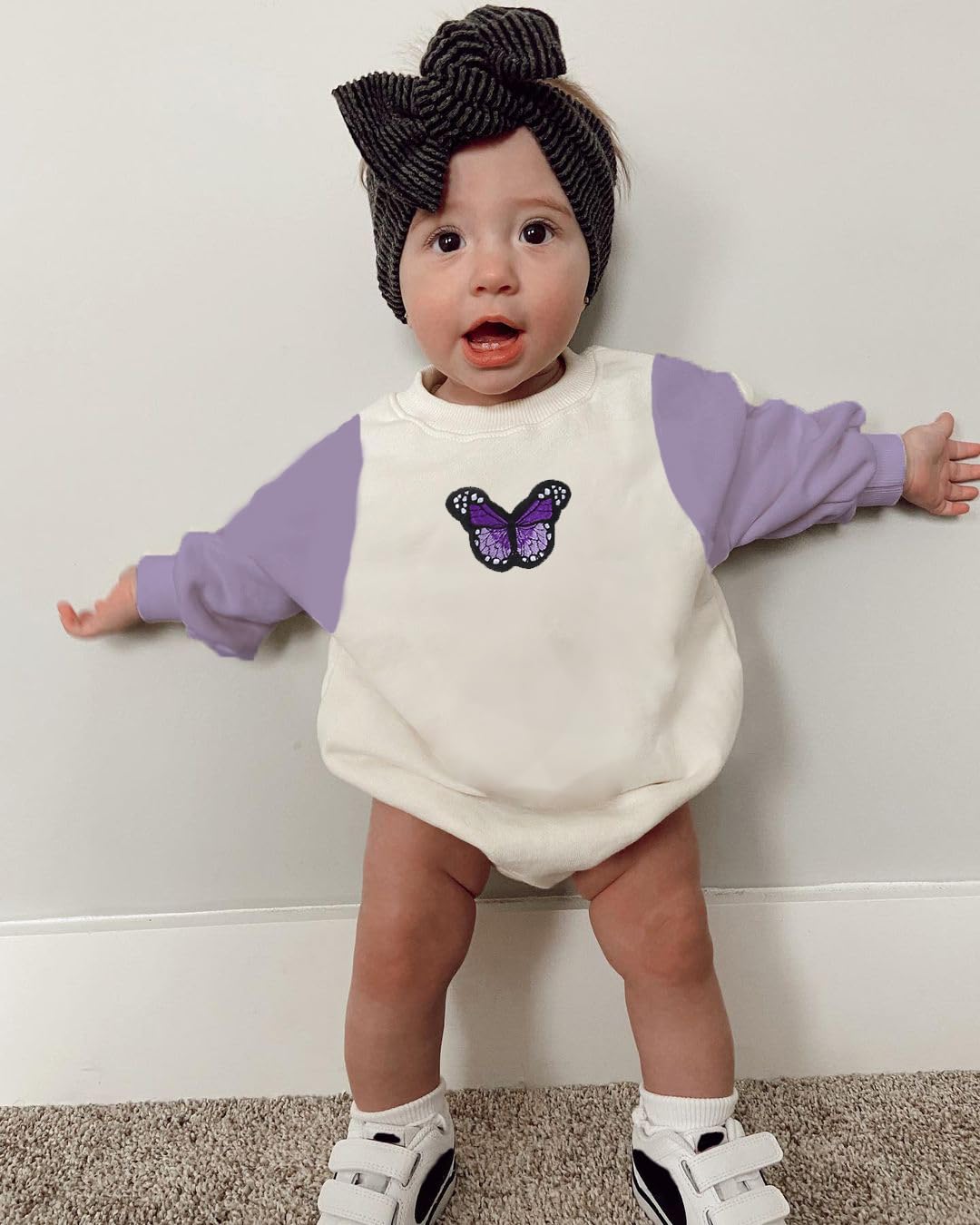 Lamuusaa Newborn Baby Girl Clothes Butterfly Bubble Romper Color Block Crewneck Sweatshirt Oversized Shirts Fall Outfits (Butterfly-Purple, 0-3 Months)