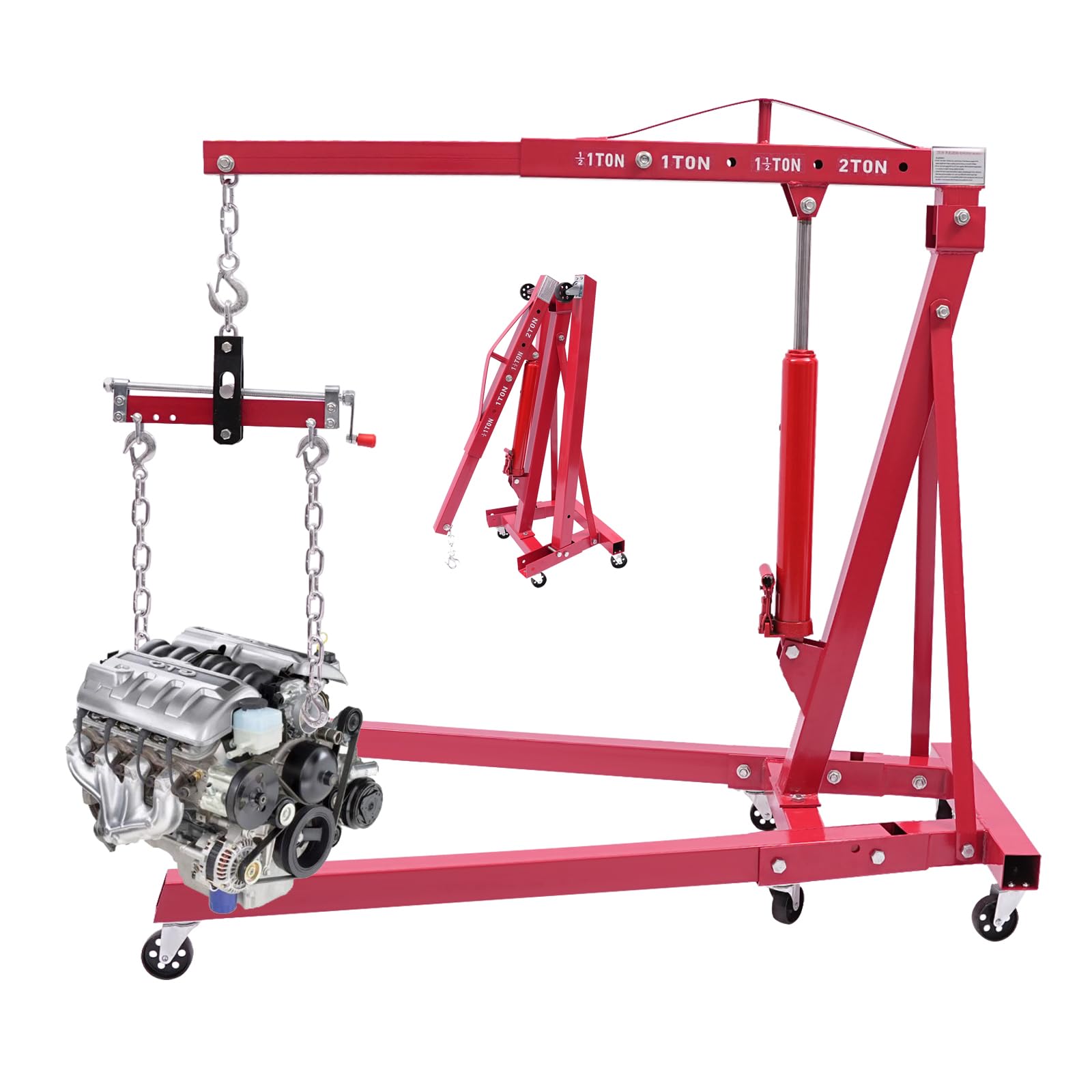 Grúa hidráulica plegable 2T con bomba hidráulica y equilibrador de motor, grúa de motor hasta 2000 kg, altura ajustable con 4 niveles y ruedas, para taller, reparación de coches para elevación de