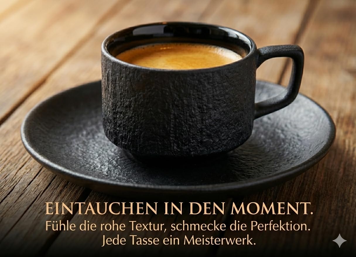 Saumo 4er Set Espressotassen mit Unterteller aus Keramik – 100 ml, modernes Design in schwarz, ideal für Espresso und kleine Kaffeespezialitäten – stilvoll für Zuhause, Büro und besondere Anlässe