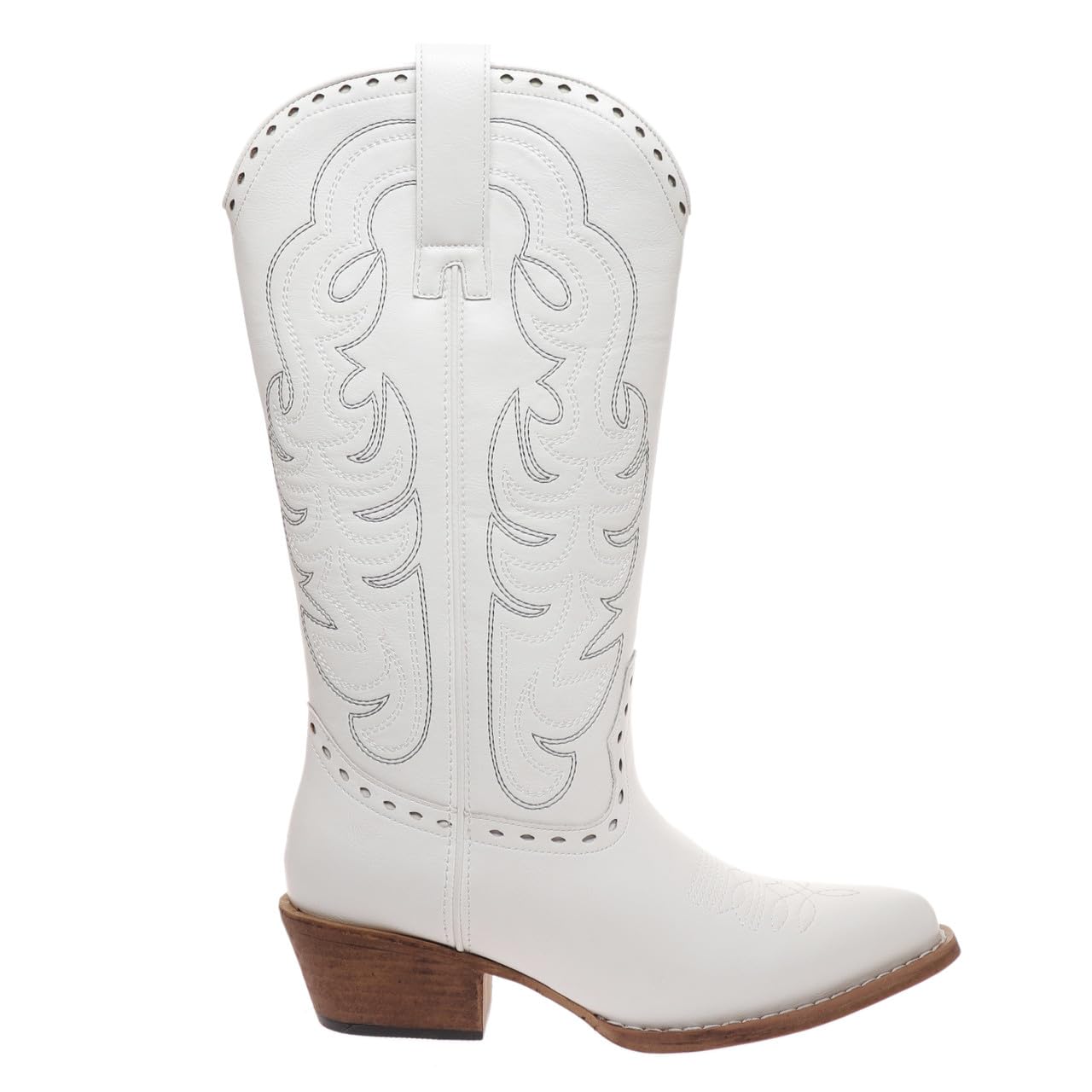 Pierre Dumas Western Cowboy Embroidered Stitching Pull on Boot for Womens Chunky Block Heel Pointy Toe Mid-Calf Dixie-2