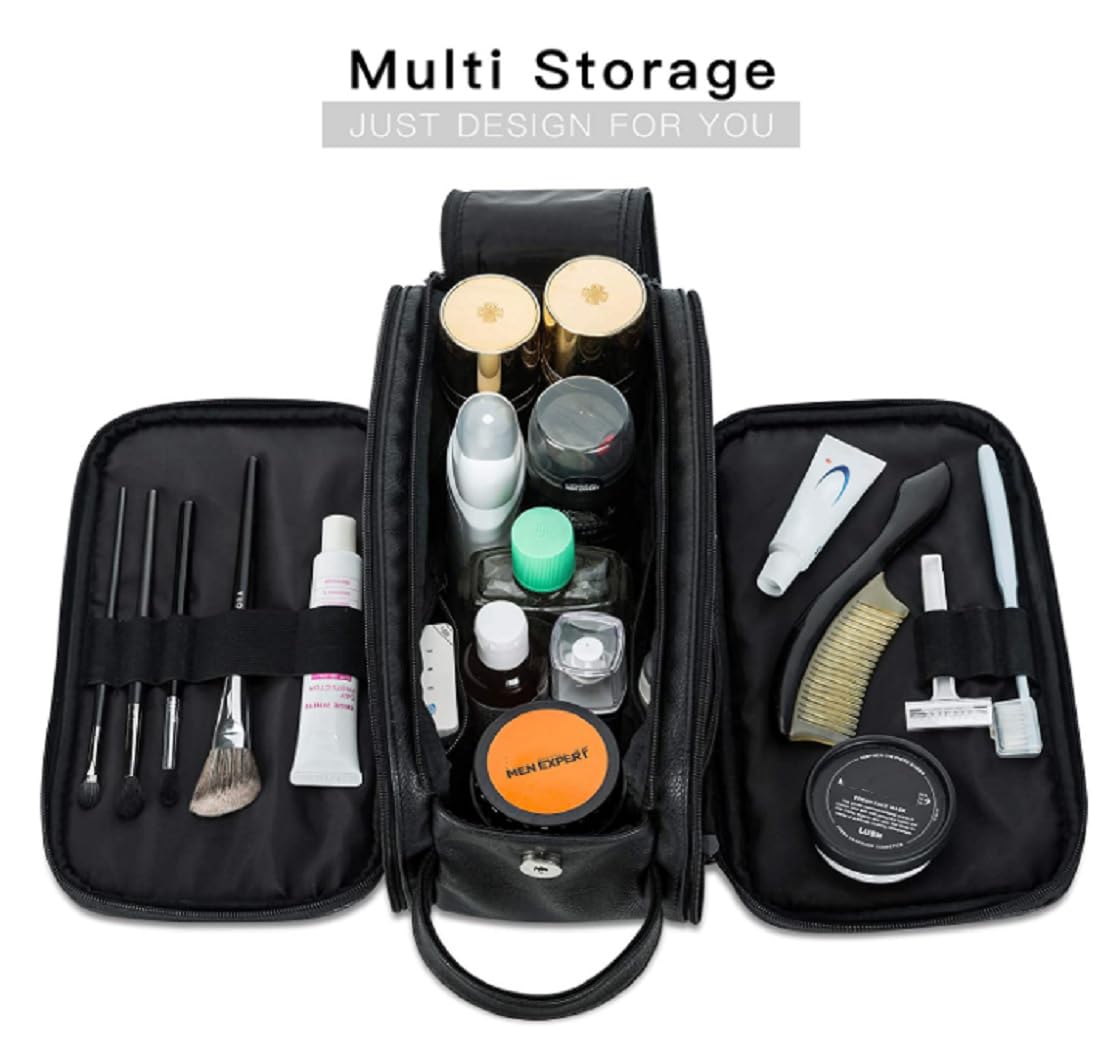 CONTACTS Neceser de piel sintética para hombres o mujeres | Kit Dopp para viajes | Organizador de artículos de aseo personal bolsa de cuero, negro, L, Accesorios de viaje