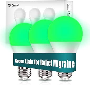 Neporal Migraine Relief LED Light Bulb, Full Spectrum Light with 520nm Narrow Band, Non-Drug Support for Headache, Anxiety, Tension Relief, 9W 60 Watt Equivalent, E26/E27, 3PK