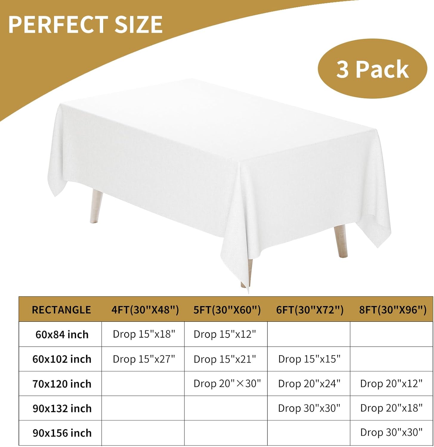 Fixwal 90 x 132 Inch White Tablecloths for Rectangle Tables,3 Pack Table Clothes for 6-8 Ft Tables, Reusable and Washable, Polyester Fabric Table Covers for Wedding Party Dining Banquet Decoration