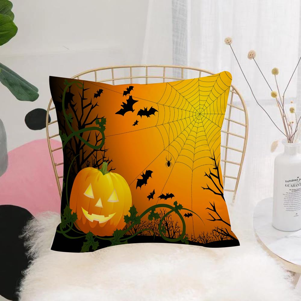 HYOSXW Cushion Cover,Throw Pillow Case Home Decorative for Living Room Bedroom Sofa Chair 16X16 Inch,Drawing by day halloween with a pumpkin a web and bats,Pillowcase 40X40cm
