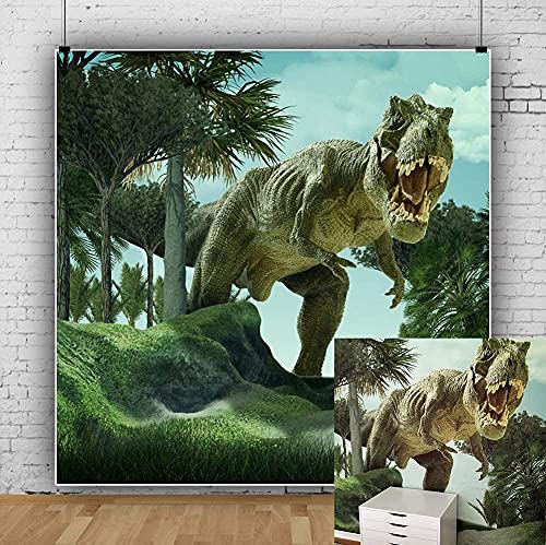 Laeacco 8x8ft Jurassic Photography Background Dinosaur in Forest Ancient Times Dinosaurs Trees Grassland Hills Blue Sky Scenic Photo Background