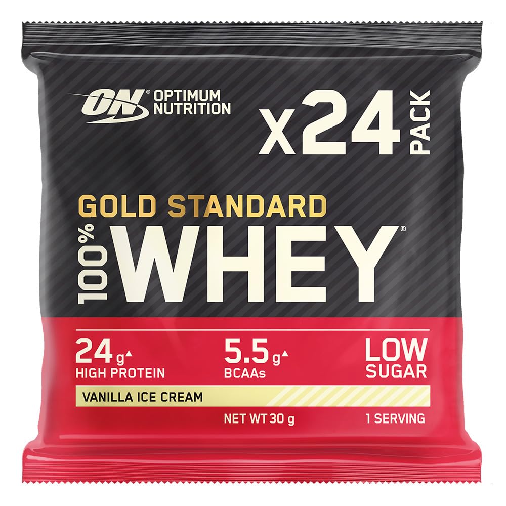 Optimum Nutrition Gold Standard, proteine in polvere al 100% per la costruzione e il recupero muscolare, con glutammina naturale e aminoacidi BCAA, aroma gelato alla vaniglia, confezione da 24, 24 x