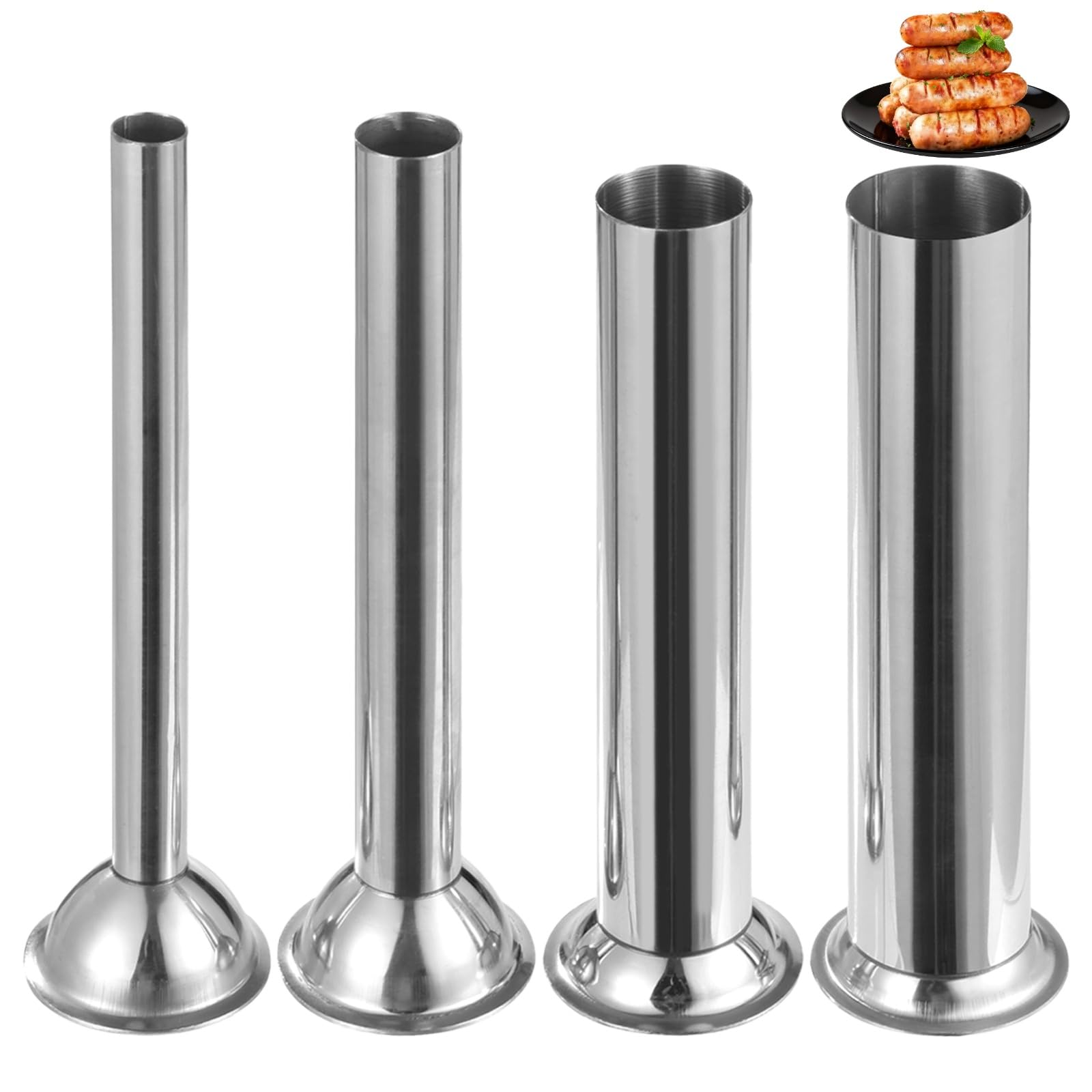 Skdqiee 4 PCS Stainless Steel Sausage Stuffing Tubes, 0.6/0.8/1.2/1.4 in Sausage Filling Tubes for Meat Grinder, Meat Grinder Attachments, Tube for Bratwurst, Kielbasa, Snack Sticks