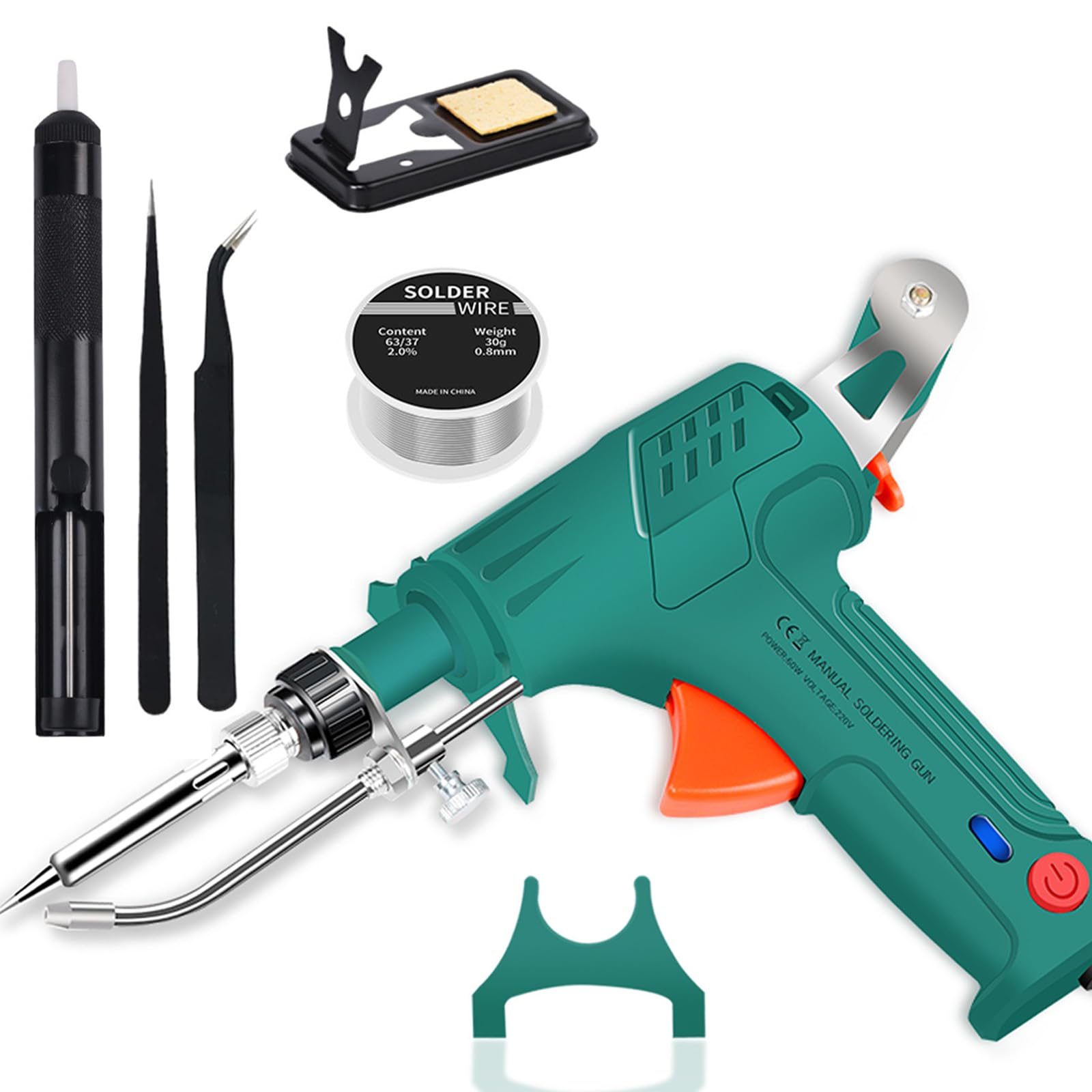 Soldador automático de mano, kit de pistola de soldar electrónica de 60 W con bomba desoldadora, 2 pinzas, alambres de soldar y soporte, soldador de mano
