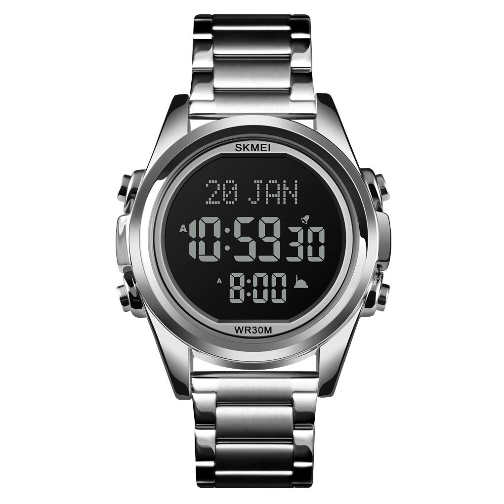 SKMEI Stainless Steel Men Watches Qibla Time Reminder Led Watch Steel Band Digital Wristwatch, Black Dial, Silver Band (B0CM8VYGZS) Amazon Price History, Amazon Price Tracker