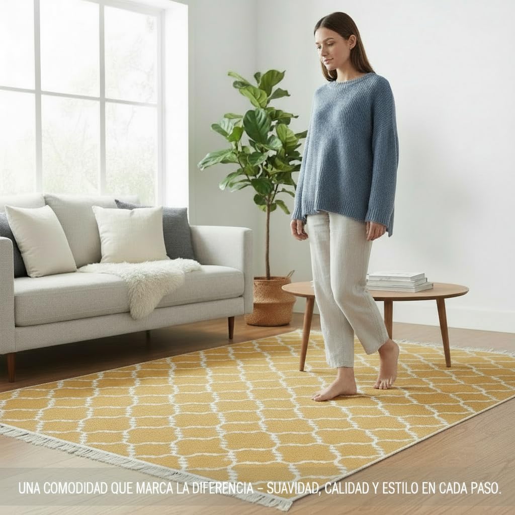 Jimri Alfombra de Pasillo - alfombras para salón, Dormitorio, Cocina, habitación Infantil, baño - Alfombra Boho Kelim - Morocco-Gold White, 160 x 230 cm