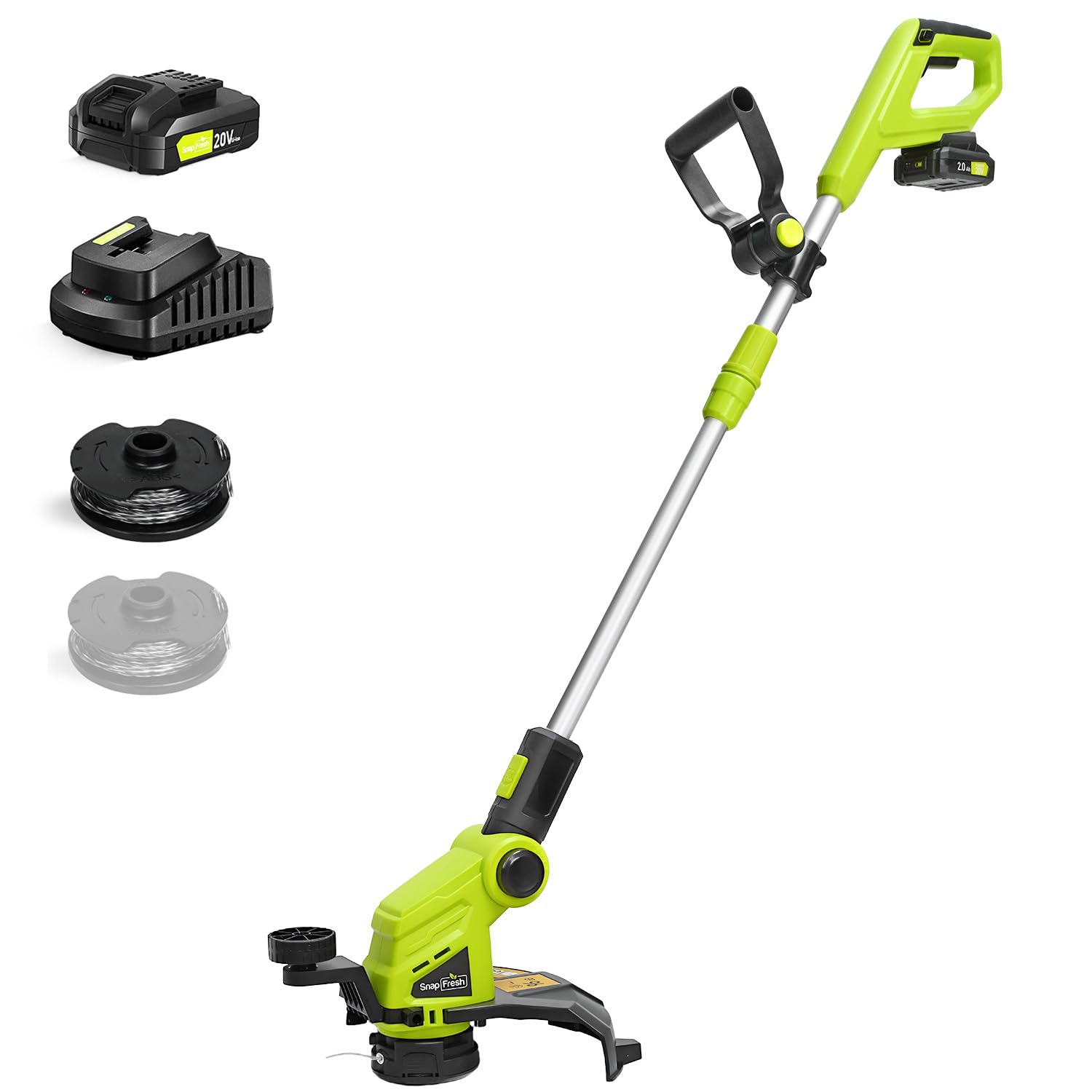 SnapFresh Cordless Grass Trimmer 20V 30.5cm Cutting Width Adjustable Telescopic Handle Lightweight 1.81kg Auto-Feed Line Edger Cutter 2.0Ah Battery Electric Garden Maintenance for Lawn Pruning Weed