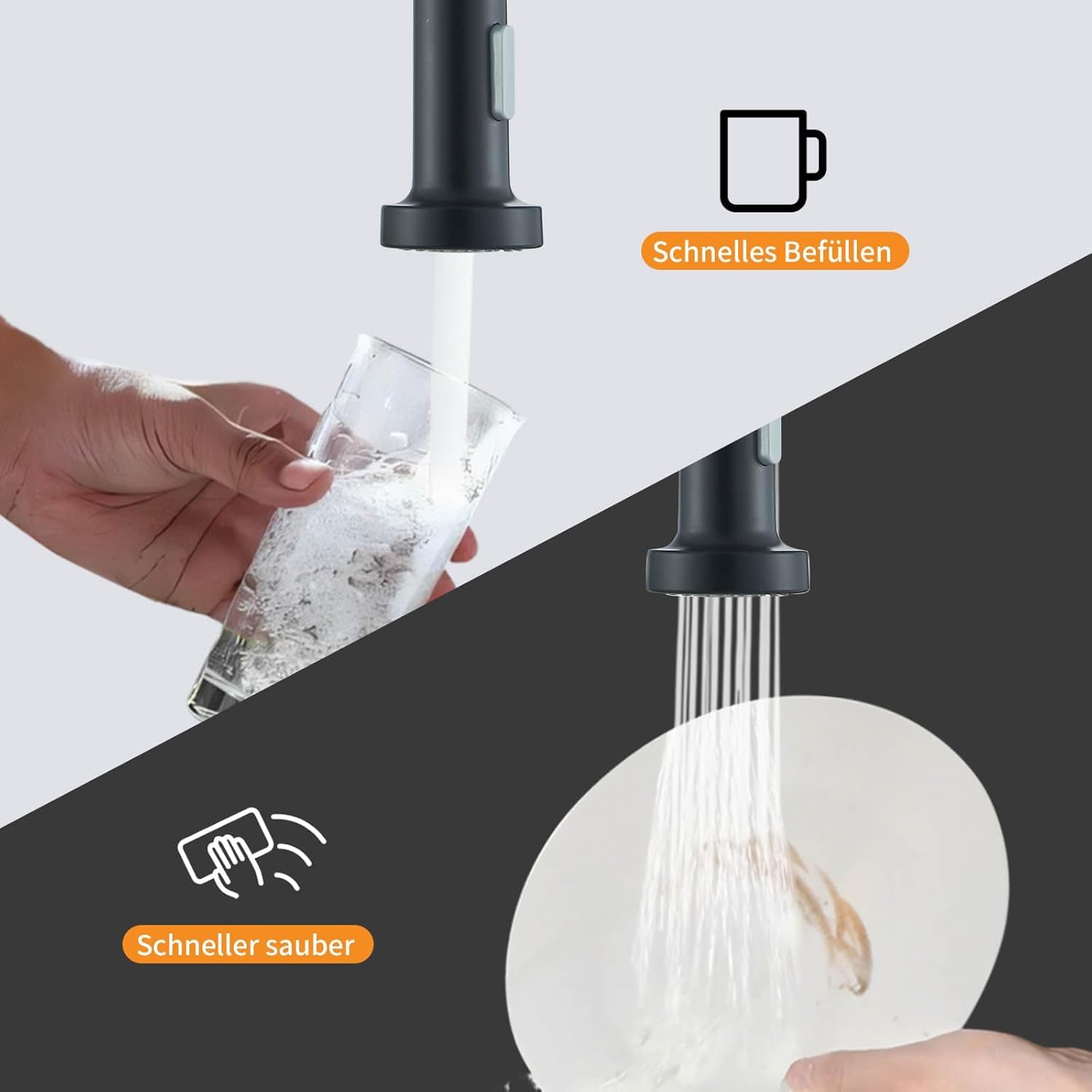 Niederdruck Armatur Küche Schwarz Wasserhahn Küche, 3 Wege Wasserhahn mit Ausziehbar Brause, 360° Drehbar mit 2 Sprühfunktionen, Mischbatterie Küche Edelstahl