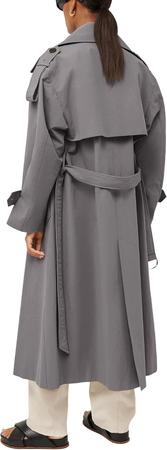 Farktop Womens Oversized Long Trench Coat Double Breasted Lapel Windproof Overcoat with Belt - Image 3