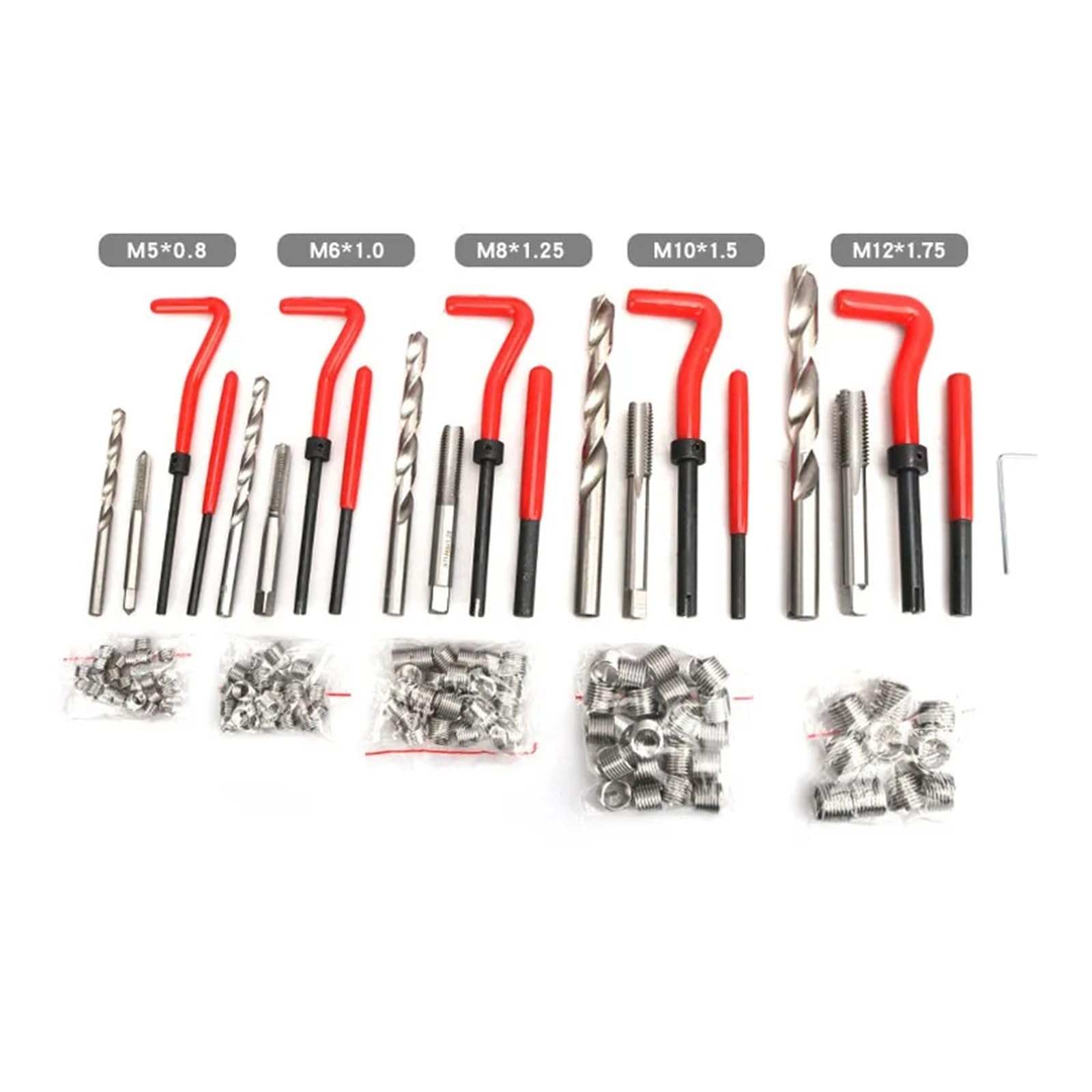 Kit di riparazione filettatura elicoidale, punte elicoidali, M5, M6, metrico 8, metrico 10, M12, 131 pezzi. Per principianti fai da te